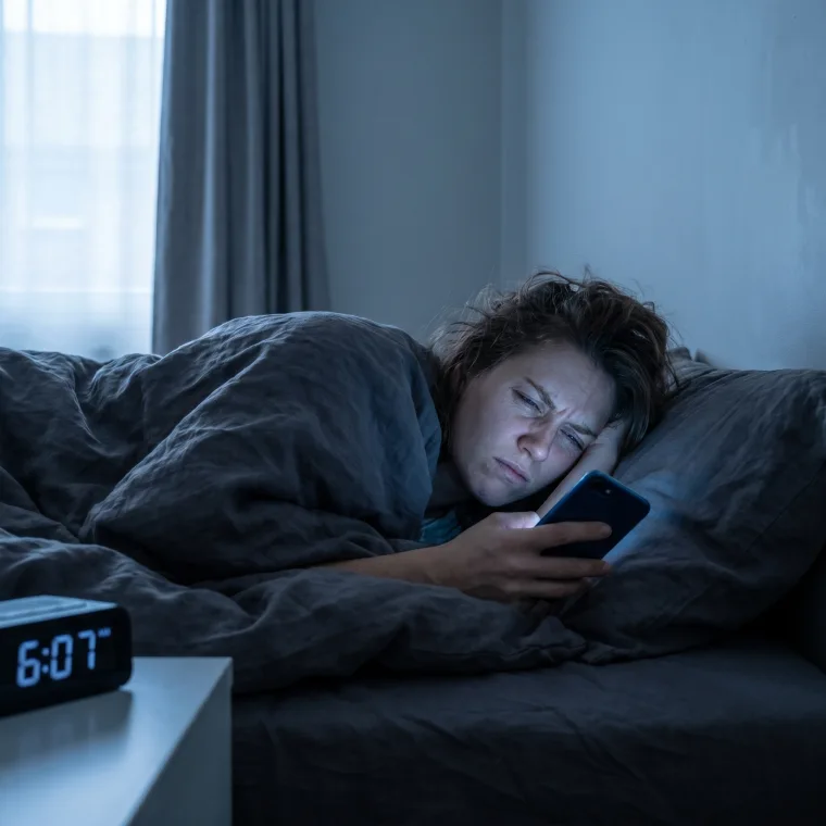 A tired person doomscrolling in bed at dawn
