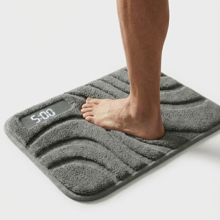 A bare foot standing on the Ruggie 2.0 mat, its tufted wave-pattern surface built to hold its shape