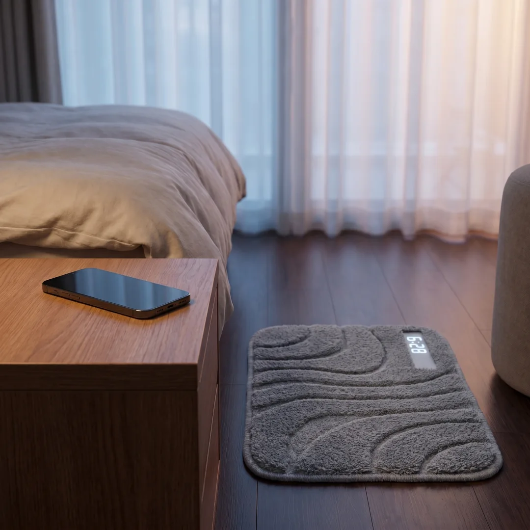 A phone left dark on the nightstand at dawn while the Ruggie glows on the floor