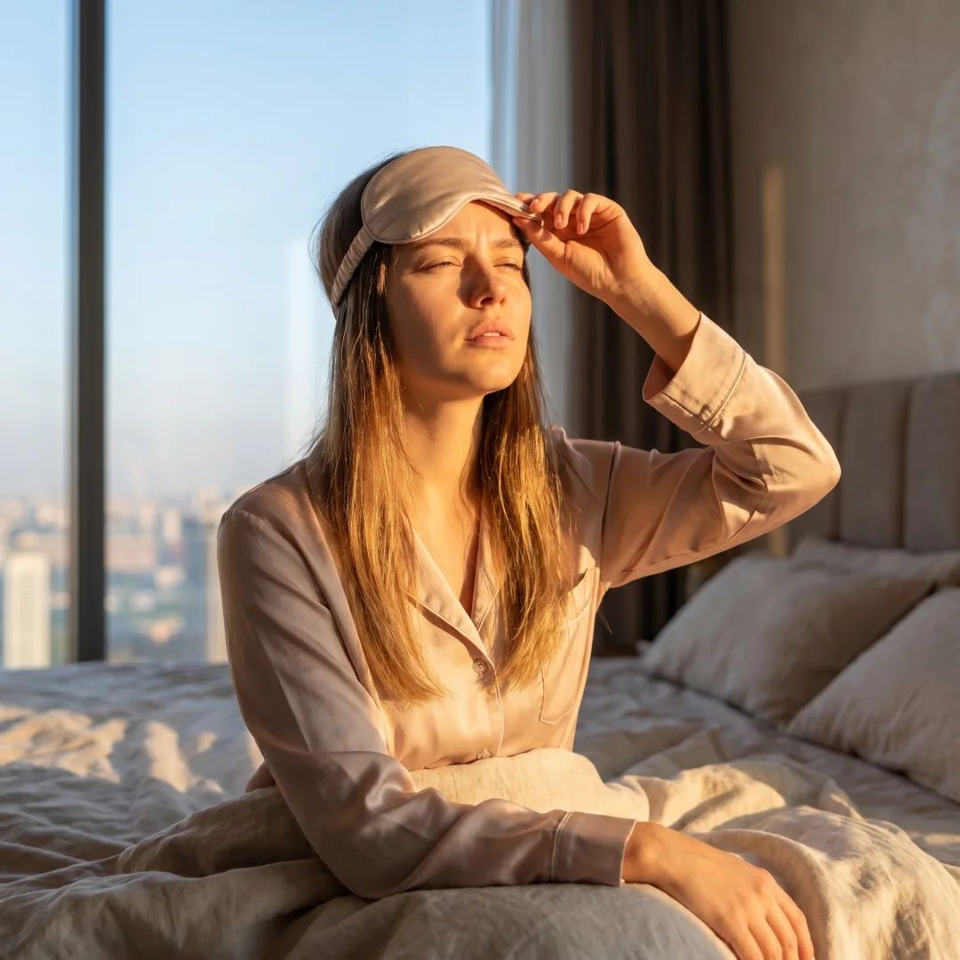 A tired woman lifting her sleep mask in the early-morning light of a premium bedroom